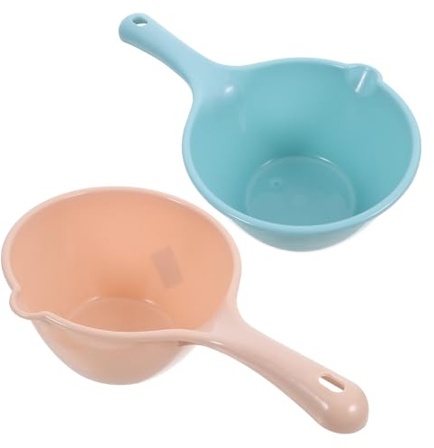 Homoyoyo Cucharones de Plástico 2 Piezas, Cucharón para Bañera y Cocina con Mango Ergonómico, Pala Multiusos para Regar Flores y Uso en Baño, Colores Azul y Caqui, Herramienta Versátil
