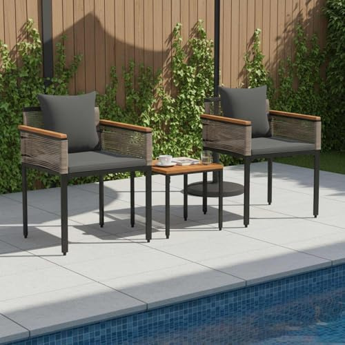Ordellia Gartenmöbel Set mit Kissen 3-teilig, Grau & Dunkelgrau PE-Rattan, Langlebiges Outdoor Lounge-Set, Verstellbare Füße, Bequemes Sitzerlebnis