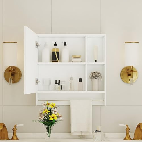 Ligterra 56 cm Hängevitrine, Spiegelschrank Bad, Badezimmer Spiegelschrank, Hängeschrank Küche, aus MDF, mit Spiegel & Ablagefächern, für Badezimmer, Küchen, Esszimmer (Weiß)