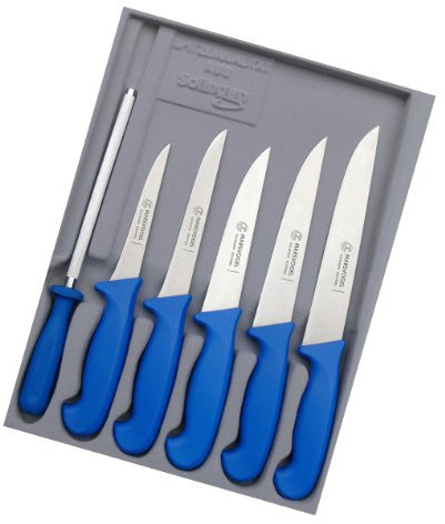 Marsvogel Schlachtermesser Set 6 TLG. GSK Solingen Metzgermesser Set bestehend aus: Stechmesser 6 7 8 Ausbeiner/Polker 5 6 inkl. Wetzstahl (Blau)