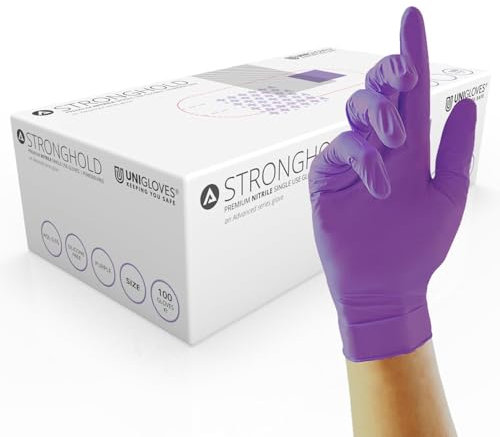 Unigloves Stronghold GM0063 Nitrile Examination - Multipurpose, Powder Free and Latex Free Disposable Gloves, AQL 0.65, Box of 100 Gloves, Purple, Medium