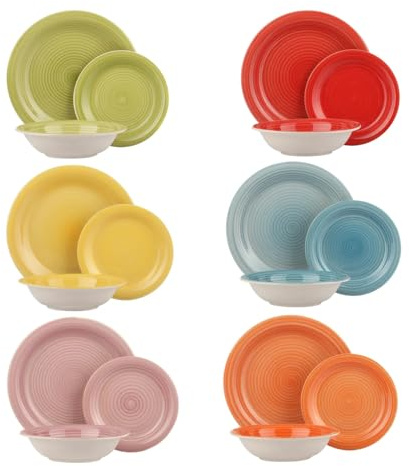 KASANOVA Service d'assiettes 6 personnes, 18 pièces, set d'assiettes modernes, assiettes en céramique pour micro-ondes, lavables au lave-vaisselle (Happiness)