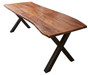 SAM Esstisch Xaver 240x100 cm Akazie nussbaum Baumkante X-Gestell schwarz | Baumkantentisch massiv, Akazienholz nussbaumfarben, Metallgestell, Esszimmertisch
