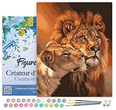 Figured'Art Peinture par Numéro Adulte avec Cadre Couple Lion et Lionne - Activité Manuelle Kit de Loisir Créatif DIY Numéro d'Art Complet - 40x50cm toile tendue sur châssis