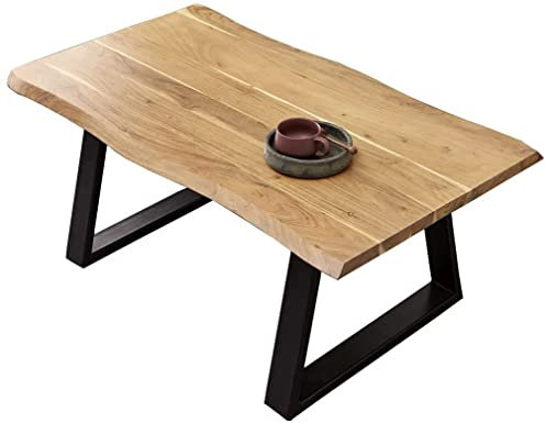 SAM Couchtisch 120 x 70 cm Tonga, echte Baumkante, Akazienholz naturfarben, massiver Sofatisch, Metallbeine Schwarz trapezform, Baumkantentisch