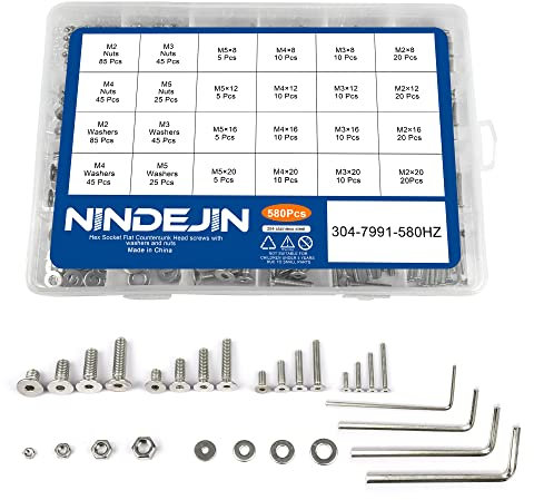 NINDEJIN 580 Stück Innensechskant Flachkopfschraube Set, metrische M2 M3 M4 M5, Edelstahl 304 Schrauben, Muttern und Unterlegscheiben, Sortiment mit Sechskantschlüsseln, sortierte Befestigungselemente