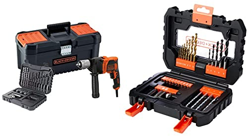 BLACK+DECKER BEH850KA32 Taladro percutor con cable 850W Velocidad Electrónica + A7233-XJ Juego de 31 Piezas para Atornillar y Taladrar con Maletin de fácil Transporte y Brocas Titanio