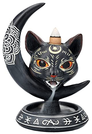 Rückfluss Räuchergefäß Mystische Katze mit Mond | Räucherstäbchenhalter Wasserfall Gothic Figur