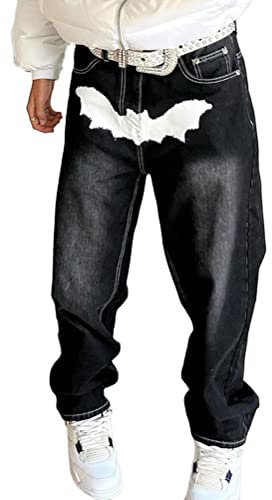 ORANDESIGNE Jeanshosen Herren Hose mit Weitem Bein Patchwork Jeans Casual Relaxed Fit Jeanshose Denim Hosen Baggy Hip Hop Jeans Vintage Y2K Straight Leg Streetwear A Schwarz XL