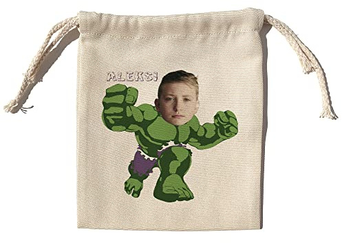 LolaPix Borsa Personalizzata. Personalizzato con foto e nome. Borsa Merenda. Borsa Porta Pranzo Bambini. Per Scuola. Piccola. Due Dimensioni 17x20cm e 22x30cm. Hulk