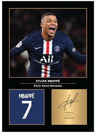 Icons Wall Art Kylian Mbappe signiertes Foto, A4, Geschenk für PSG-Fans, digital reproduziert, ungerahmt