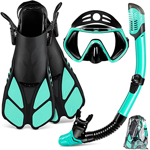 ZEEPORTE Mask Fin Snorkel Set with Adult Snorkeling Gear, Panoramic View Diving Mask, Trek Fin, Dry Top Snorkel +Travel Bags, Snorkel for Lap Swimming