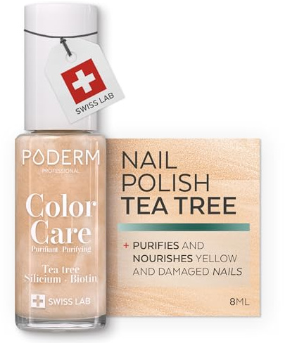 PODERM Pflegelack mit Tea Tree - Brillantgold | Swiss Lab - 8ML | Angereichert mit Tea Tree, Silizium & Biotin | Reinigt, Klärt & Nährt Gelbe Nägel | Entwickelt von einer Podologin | Reinigt, Klärt & Pflegt Gelbe und Beschädigte Nägel | Angereichert mit Teebaumöl und Biotin | Von einem Podologen Entwickelt