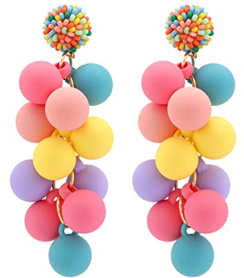 Boucles d'oreilles pendantes en forme de boule en acrylique arc-en-ciel pour femmes et filles - Longues boucles d'oreilles à tige avec perles colorées - Bijoux mignons - Cadeaux de fête d'été