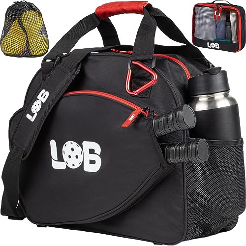 LOB Pickleball-Taschen für Damen und Herren, Tragetasche mit Flaschenhaltern, passend für 2 Paddel, 2 Zubehörtaschen, Netz-Balltasche), langlebig, leicht, Schwarz