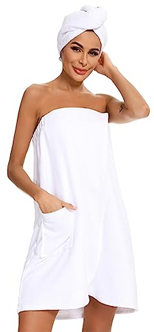Sauna Frottee Kilt Saunasarong S-XXL Damen,Saunatuch Saunakilt mit Druckknöpfen,Tasche und Gummizug,Bademantel für Frauen aus saugstarkem Baumwoll-Frottier,Saunatuch Knielang Größe:36-46 (M,Weiß)
