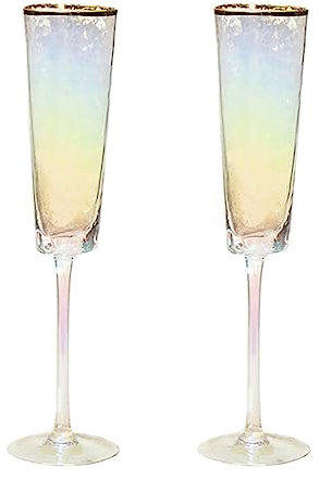 HIUHIU Wine Glasses Set of 2 with Gold Rim, Colored Champagne Flutes Glass Long Stemmed Cystal Drinking Cups Glassware with Hammer Patter for Wedding/Party,Iridescent,Champagne Flutes