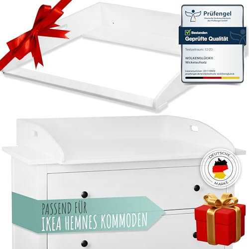 WOLKENGLÜCK® Wickelaufsatz für IKEA Hemnes Kommode [88x75x13cm] - Hochwertiger Hemnes Wickelaufsatz mit Sicherheitsbefestigung - 100% Kippsicherer Wickeltischaufsatz - Wickelaufsatz Hemnes Kommode