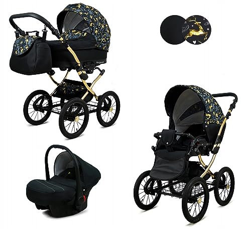 BabyLux® Kinderwagen Set 3 in 1 - Margaret Gold - incl. Babywanne, Buggy Sportsitz, Auto-Babyschale - Autositz - Kinderwagenset - Kombikinderwagen mit Wickeltasche, Regenschutz usw.