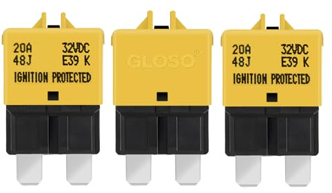 GLOSO flachsicherungen Autosicherungen Sicherungen für KFZ Auto Wohnmobil Boot Motorrad Manuelles Zurücksetzen 3 Stück 20A E39