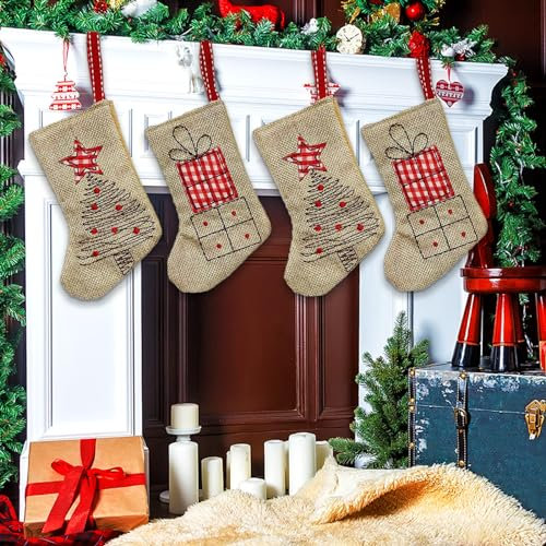 JINGTOPS Sackleinen Weihnachtsstrümpfe, Nikolausstiefel Zum Befüllen, Hängende Weihnachtsstrümpfe, Hängende Taschen Weihnachtssocken Nikolausstiefel Jute,14.5 cm x 10 cm (4er Pack)