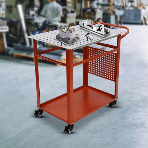 Tavolo di saldatura portatile, 272 kg, banco da lavoro mobile, tavolo di saldatura a 2 livelli, banco da officina in acciaio con 4 ruote universali richiudibili, per attrezzi laterali, 9 ganci