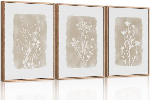 TOARTi Botanical Farmhouse Wall Art Set, Framed Boho Plant Wall Decor, Neutral Minimalist Floral Wall Painting, Rustic Wildflower Canvas Art Prints for Living Room Bedroom Bathroom - Large 12x16x3
