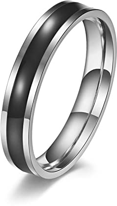 Lieson Ehering Edelstahl Frauen, Poliert 4MM Emaille Schwarz Verlobungsringe Freundschaftsringe Hochzeitsringe Partnerringe für Damen Silber Größe 49 (15.6)