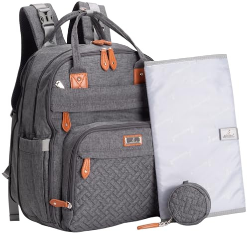 BabbleRoo Extra Large Diaper Bag Backpack, Expandable Baby Bag with Up to 50% More Capacity - Travel Essentials Baby Bag Tote with Changing Pad, Stroller Straps & Pacifier Case - Unisex, Dark Gray