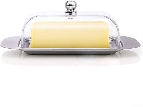 Mantequera de queso de acero inoxidable, plato de mantequilla grande de acero inoxidable, recipiente de mantequilla de acero inoxidable con tapa (cubierta transparente)