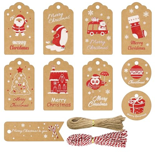 Suofuolef 100 Stück Weihnachten Geschenkanhänger, 10 Muster Kraftpapier Anhänger mit Baumwollschnur und Zwirn für Party-Geschenkanhänger und Dekoration