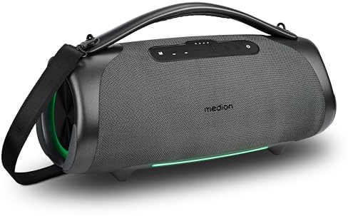 MEDION P61768 tragbarer Bluetooth Lautsprecher (Akku, Bass Boost, Musikbox, RGB Lichteffekte, IPX7 Wasserschutz & robust, integrierte Powerbank, 100W (RMS) total, 2X 20W + 60W) Anthrazit