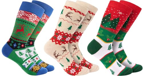 BRUBAKER 3 Par Julsockor - Roliga Strumpor för Damer och Herrar med Julmotiv - Julmönster Beige, Grön och Röd - Bomull - Julklapp - EU 35-40