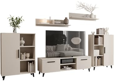 MATKAM Wohnzimmermöbel-Set Oslo 2, 4-teilig, 1 x TV-Kommode H47x B150 x T40 cm, 2 x Wohnzimmerkommode H112 x B80 x T30cm, 2 x Hängeregale H20 x B100 x T20 cm (Kaschmir)