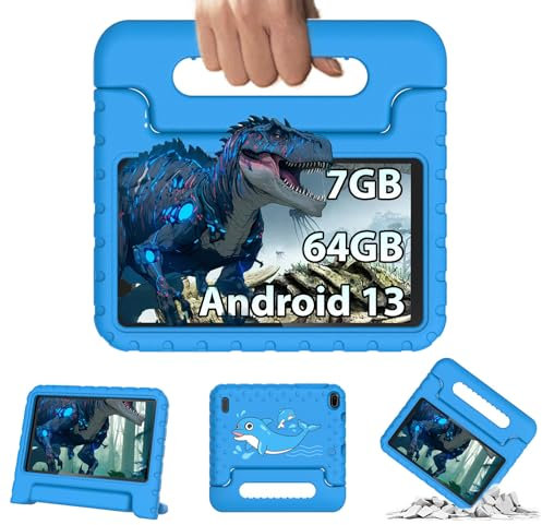 fezawio Tableta 7 Pulgadas, Tableta Android 13, 4 núcleos, 7GB RAM 64GB ROM (TF 512GB),3500mAh, cámara 5MP + 8MP, Control Parental, WiFi 6, Bluetooth 5.0 Tapa Azul Eva