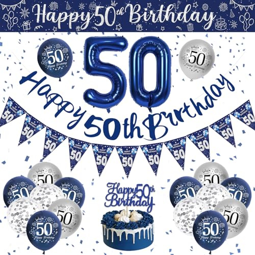 Geburtstag Deko Männer, Blau Silber Luftballons, 50. Geburtstag, Party Deko mit Happy Birthday Girlande und Konfetti Ballons für Dekoration