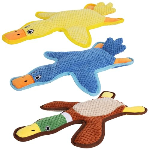 Eneston Dog Toys 3-Pack Cute Duck Shapes Puppy Toys No-Stuffing Squeaky and Crinkle Interactive Dog Chew Toy for Small to Large Breeds