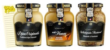 French Mustard Bundle with Honey Dijon 230g, Original Dijon 215g and Wholegrain Mustard 210g with Intrinsic Treats Shopping List Card
