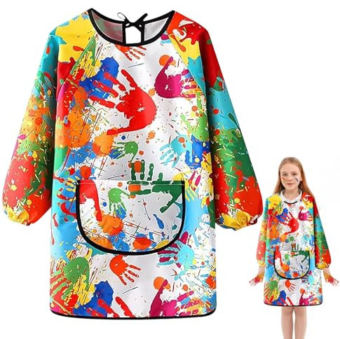 Malschürze Kinder, Malkittel Schule 1. Klasse, Malerkittel für 6-12 Jahre Mädchen Junge, Tuschkittel Wasserdicht Malkittel Bastelschürze mit Ärmeln und Big Taschen für Schule Kunst Malerei Kochen