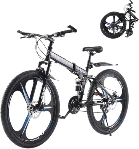 LSBIKE 24 26 27.5In Foldable Mountain Bike Dual Suspension Hardtail Bicycle Men Women Mountain Bike 21 Speed Drivetrain Lightweight Frame Sport Cycling Bike for Adult (Black Blue, 27.5inch)
