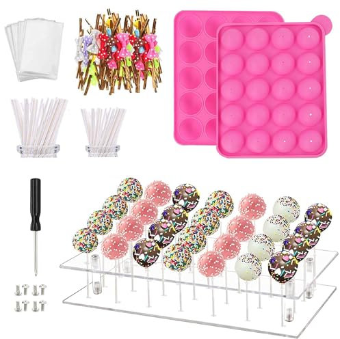 MOFASVIGI Lot de 302 moules à cake pop avec 1 support en acrylique, 1 set de moules en silicone, 100 sacs transparents, 100 bâtonnets de traitement, 100 nœuds papillon doré