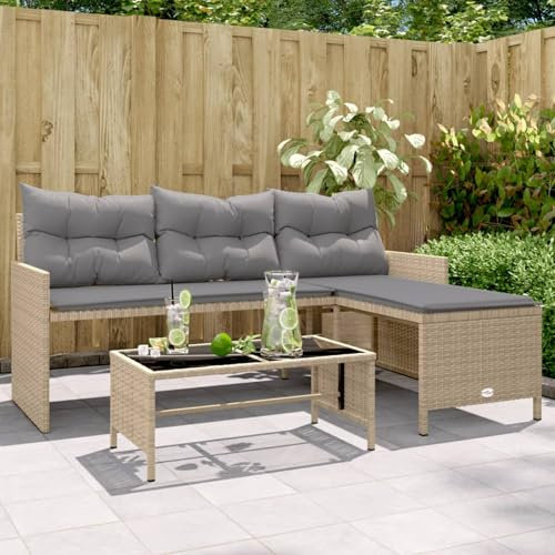 Homgoday Gartensofa in L-Form mit Tisch und Kissen Balkonsofa Gartenlounge Lounge Sofa Gartenmöbel Loungesofa Terrassensofa Sitzgruppe Beige Poly Rattan