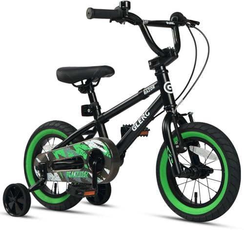 Glerc Razor Barncykel 12 tum för pojkar för nybörjare 1 2 3 4 år gammal BMX-stil med stativ och dörrklocka, säkerhet och avtagbara hjul, svart med gröna däck