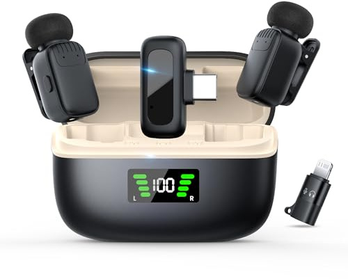 Sunnymark Mini micrófono Lavalier inalámbrico para iPhone/Android/PC con enchufe USB-C, reducción de ruido, batería de 15 horas de duración con funda de carga, Plug & Play, micrófonos pequeños para