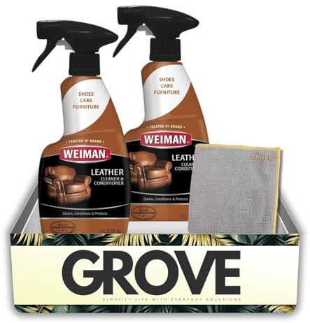 Weiman Leather Cleaner and Conditioner 12 oz Liquid Bundle with Microfiber Cloth – Cleans and Conditions Leather Surfaces for Auto and Home Use – Gift Set (3 Items)