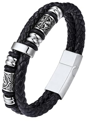 Bestyle Lederarmband Männer Wikinger Armband Herren Leder Personalisiert | Schwarz/Silber/Gold Armbänder mit Edelstahl Magnet Verschluss - 19/21/23/25CM Länge Flechtarmband Schmuck Geschenke