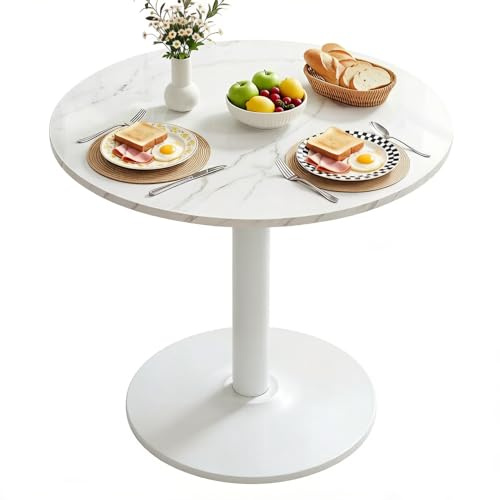 Warmiehomy Round Dining Room Table, 80cm Modern Small Dining Table for Home Apartment Kitchen Living Room, White Marble-Patterned Wooden Desktop and Metal Base