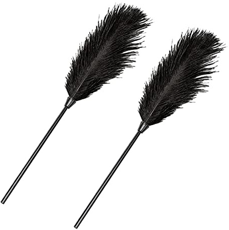 2 Pcs Large Ostrich Feather Cleaning Dusters Soft Feathers Tickler Stick Black Furry Feathers Duster Feather Teaser Wands Role Play Adult Costumes Valentine's Day Couple Bedroom Accessories for Adults