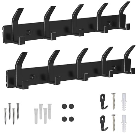 PhieeSeriy Upgrade-Paket 2 Stück Kleiderhaken Wand mit 5 Haken, und 2 Einzelne kleine Garderobenhaken für Jacken, Mäntel, Metall Wandgarderobe für Schlafzimmer, Küche, Haken Garderobe Set (Schwarz)