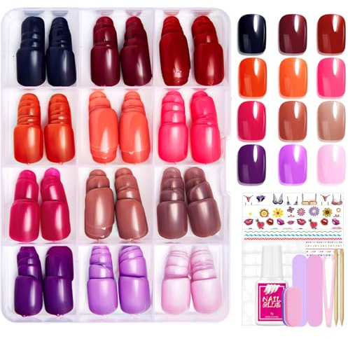 288 Stück Nagel Tips Set - Press On Nails Short Square - Einfarbige Fingernägel zum Aufkleben - Full Cover Fake Nails Rot Rosa Lila Blau, soft gel Natürliches & Angenehmes Tragegefühl für Frauen